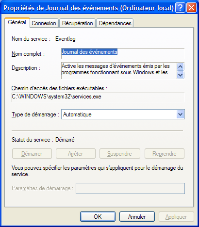 Le service EventLog sous Windows XP